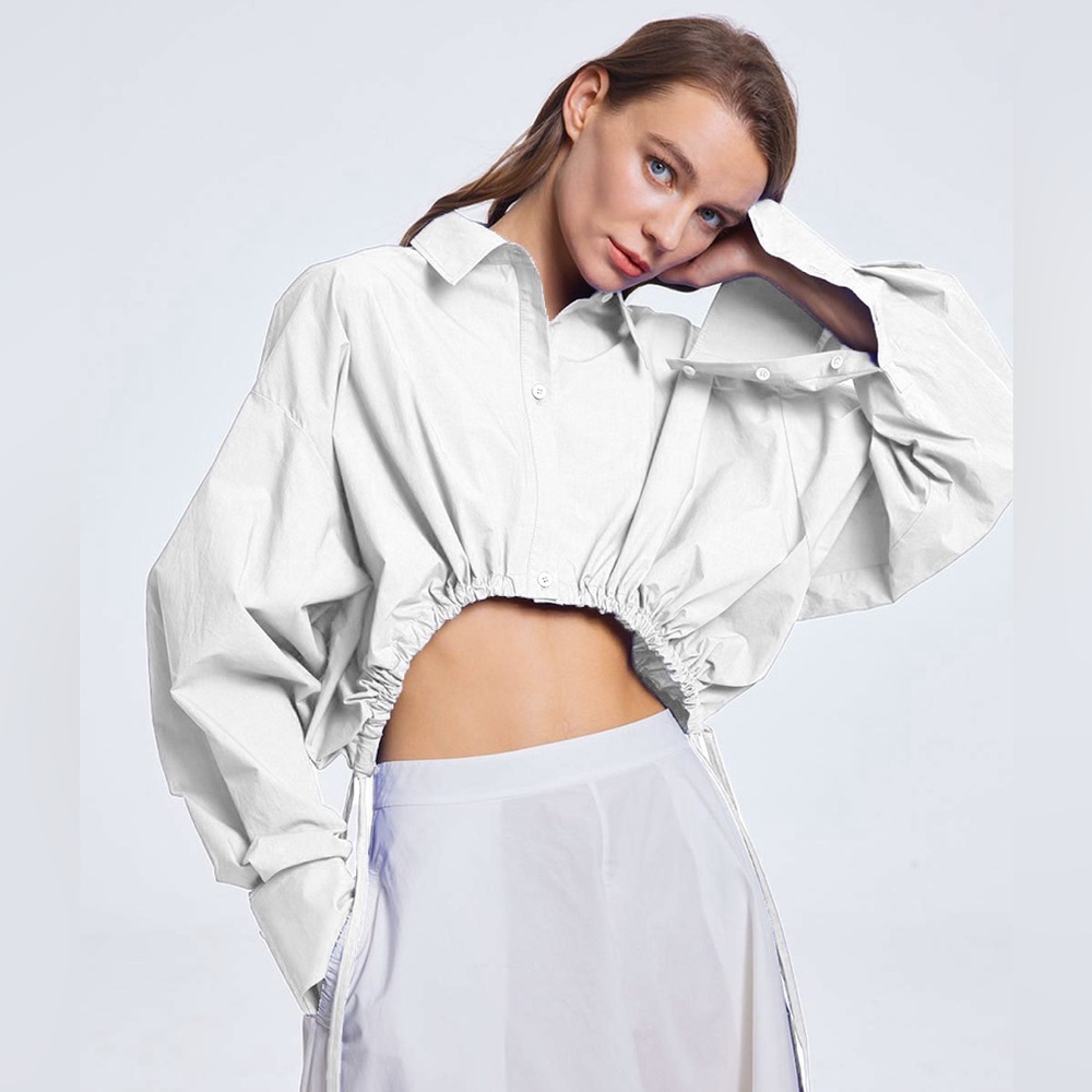 NEW** LATTELIER WHITE CROPPED DRAWSTRING TOP